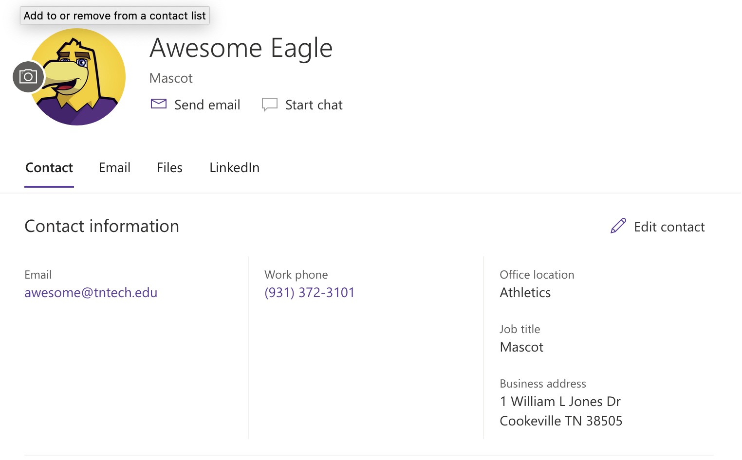 Example of how the vCard appears in online version of Outlook