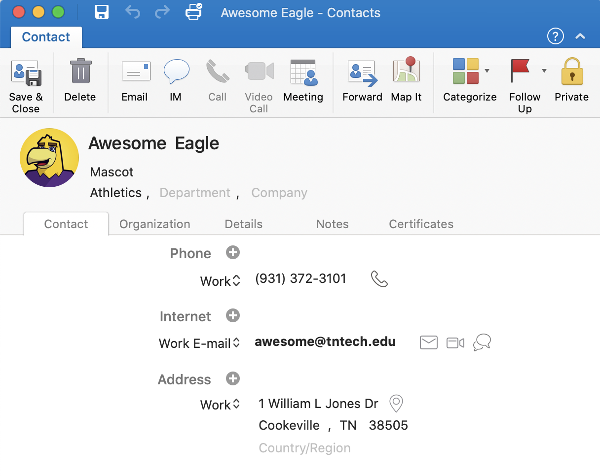 Example of how the vCard appears in MacOS version of Outlook