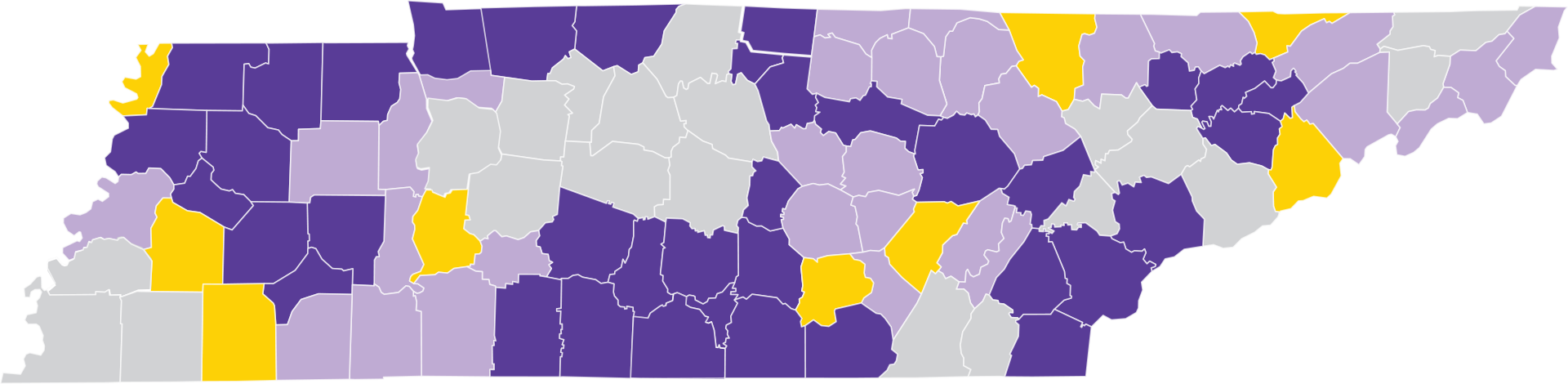 Map of Tennessee Counties highlighted various colors to show our level of reach.