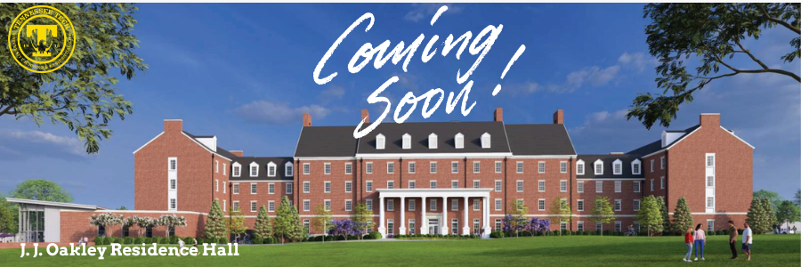 J.J. Oakley Residence Hall rendering with "Coming Soon" in white font above
