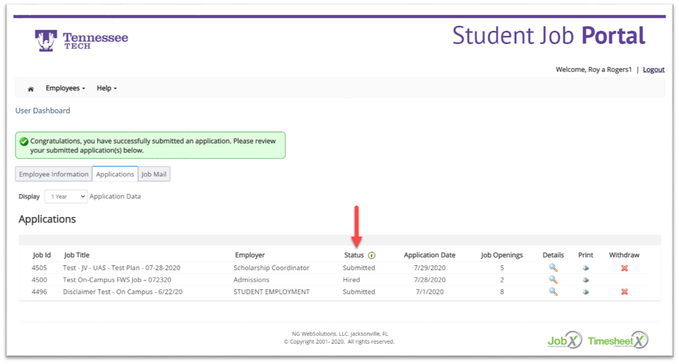 application submitted user dashboard screen