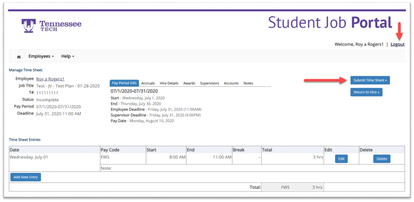 submit time sheet screen