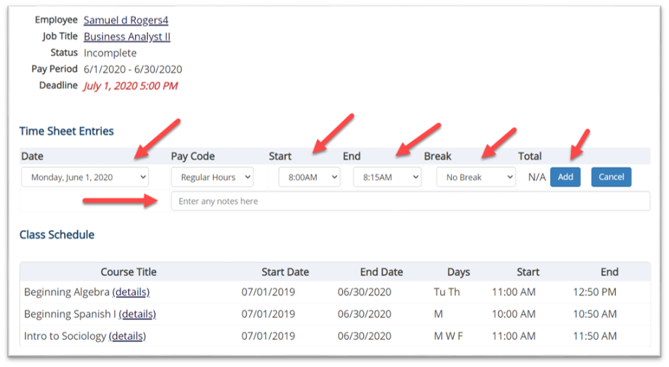 time sheet entry screen