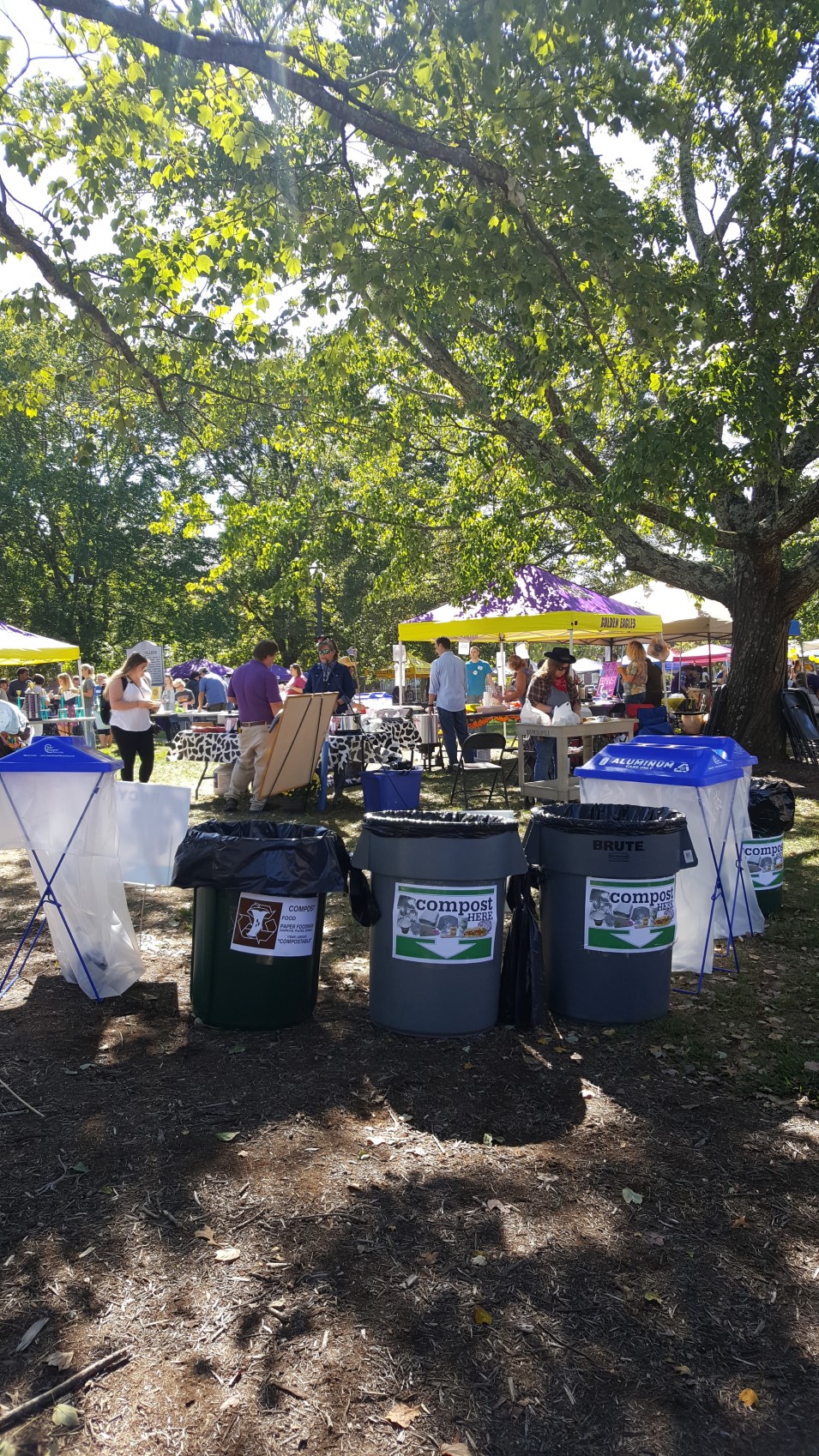 The set up of different waste bins at HUTQ in 2017. Compost, recycling, and lanfill.