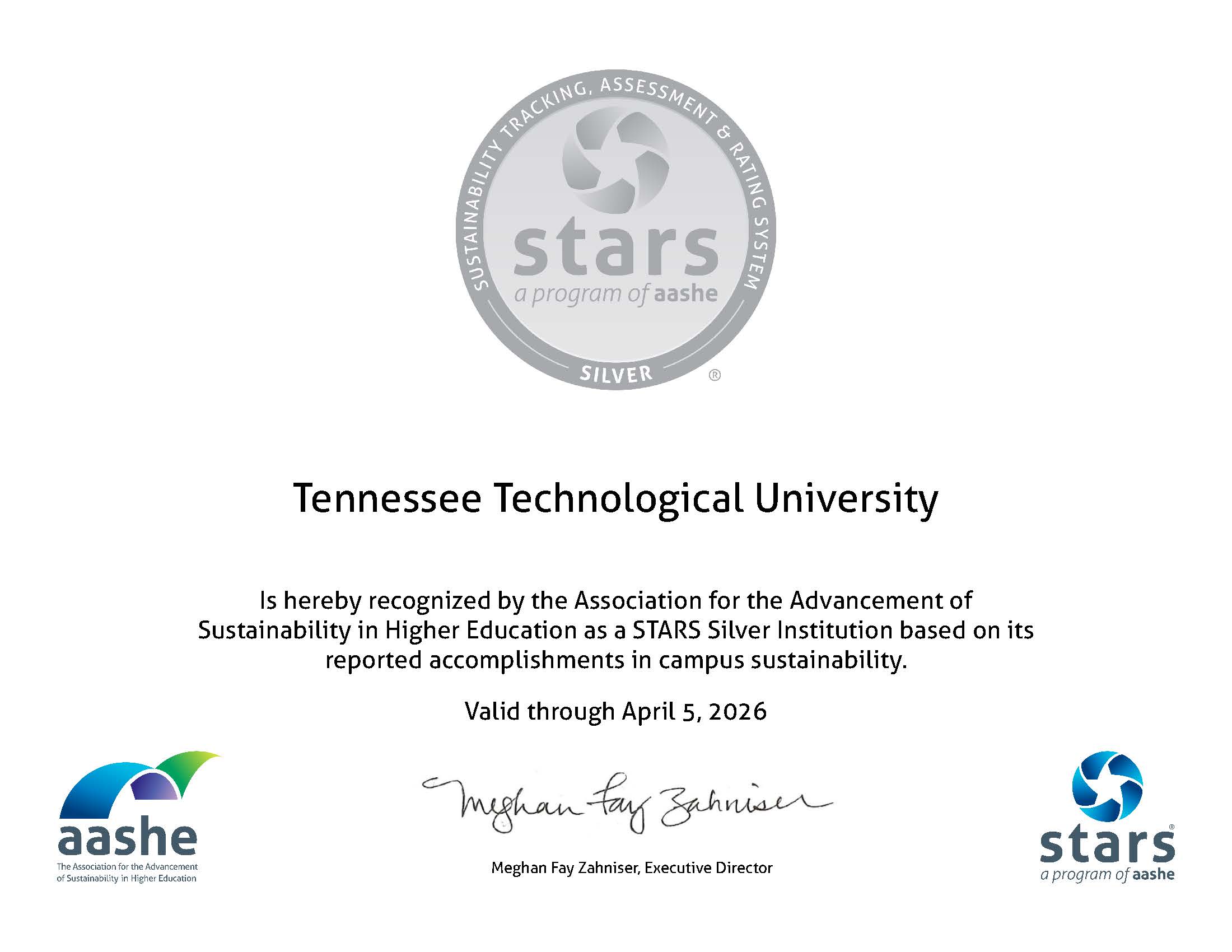 AASHE Stars Silver Certificate for 2023 recognizing Tech's accomplishments in sustainability