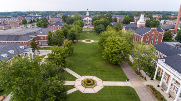 Aerial photo of the Tennessee Tech quad facing north with Derryberry in the distance