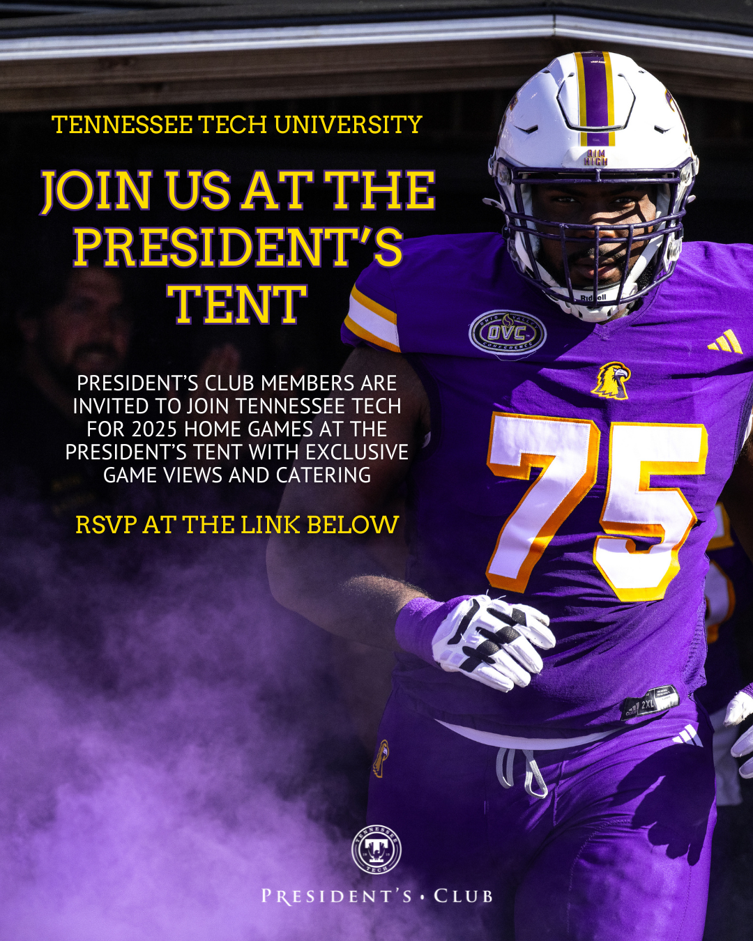 A Tennessee Tech football player running through purple smoke