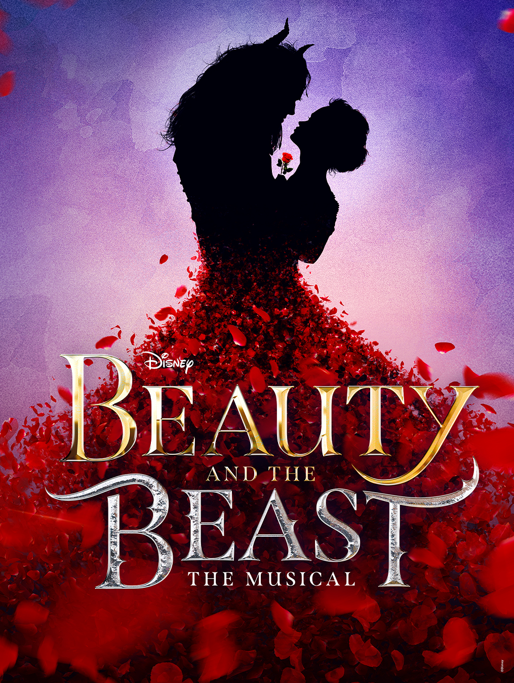 Disney's Beauty and the Beast the Musical Poster featuring the Beast holding Belle with a flower petal skirt