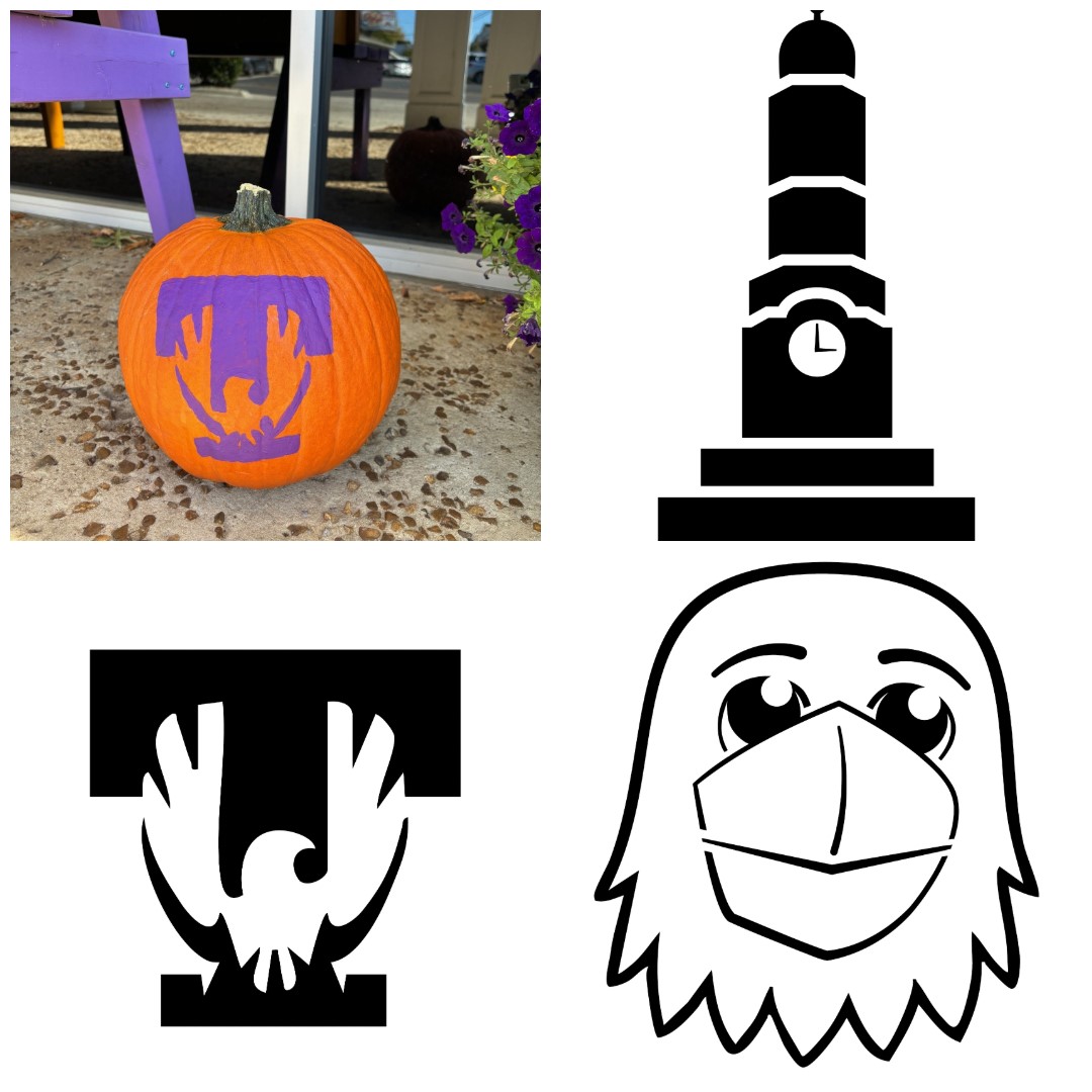 a collage of Tech logos and a pumpkin with a purple Tech logo 