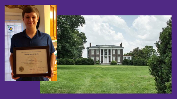 Tyler Green holding his award and the Rippavilla mansion