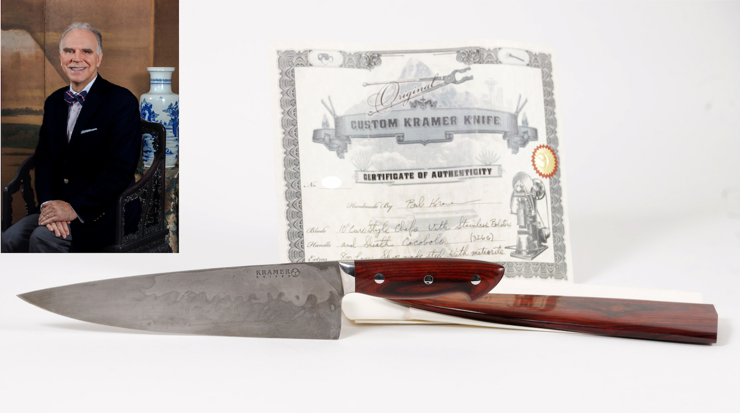 A photo of Anthony Bourdain's meteroite knife and its certificate of authenticity with an inset of Lark Mason sitting in an antique chair with an Asian vase behind him and other antique items in the background.