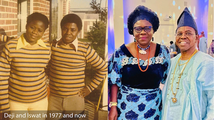 Deji and Iswat Badiru at Tech Village in 1977 and at a modern gathering