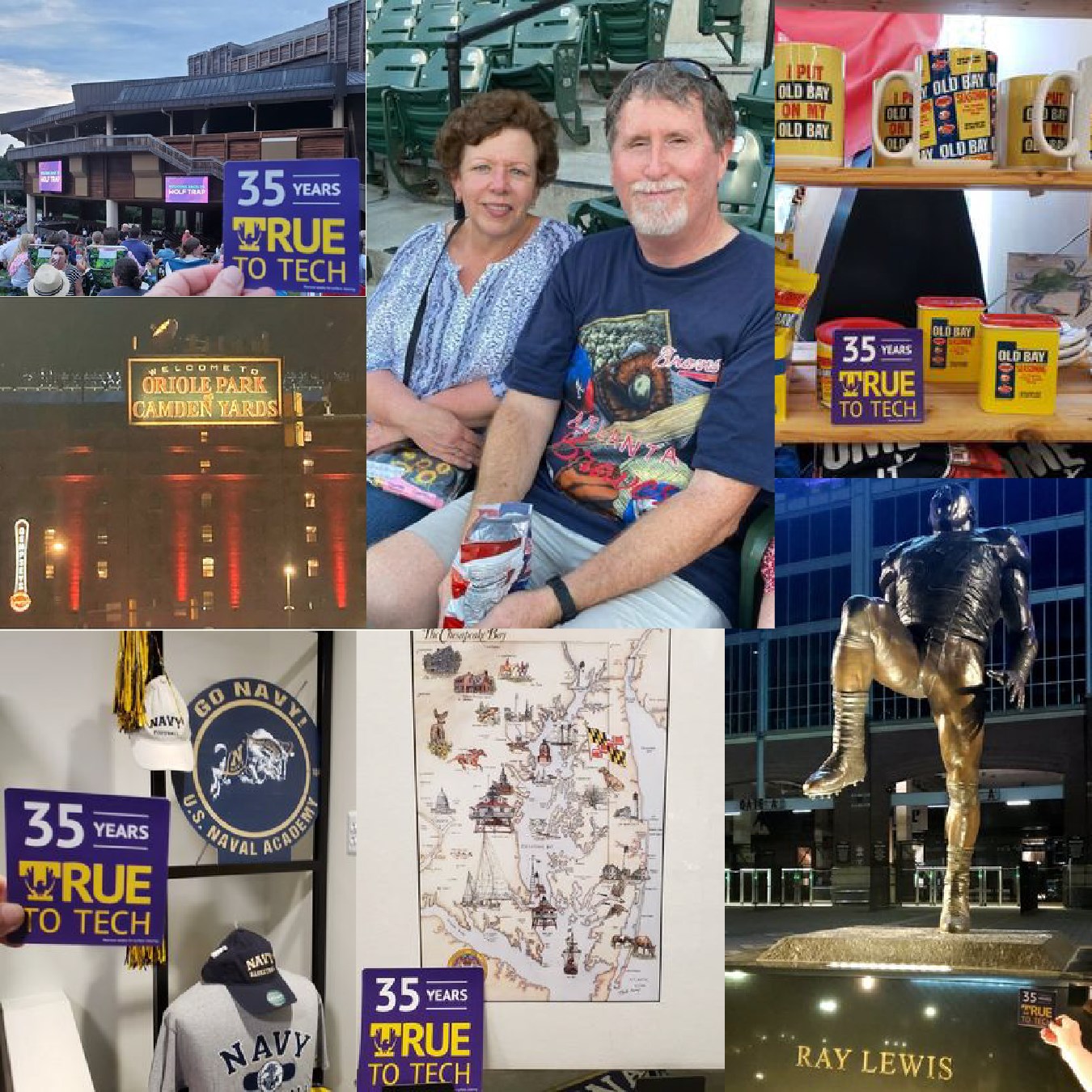 A collage of photos around Maryland with a 35 year True to Tech magnet. The center photo is of Marilyn and Michael Garnto.