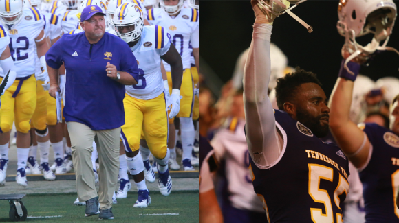 Coach Dewayne Alexander running onto the field in front of the football team on the left. On the right, a football player raises his helmet into the air.