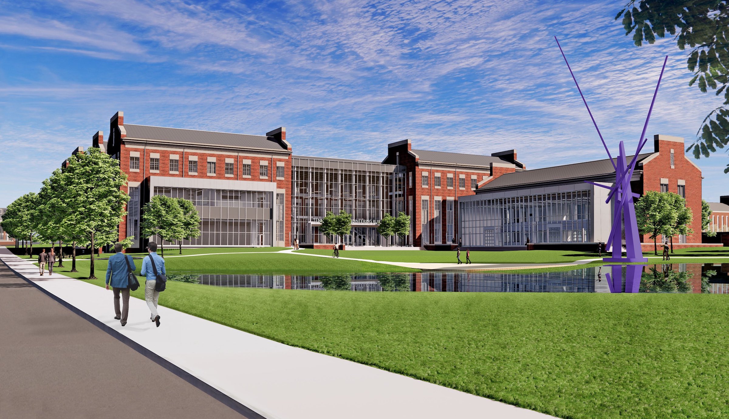 A rendering of the completed Ashraf Islam Engineering Building and the sculpture, Wings
