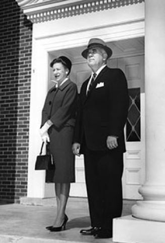 Joan and Everett Derryberry on the steps of the future Derryberry Hall.