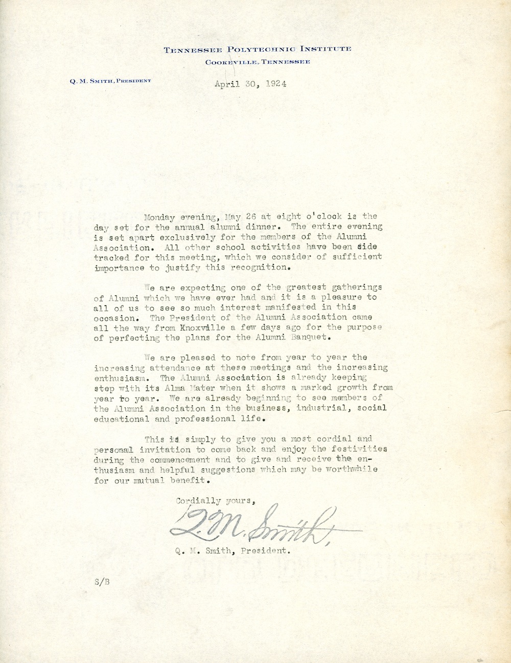 A letter from Tech President dated April 30, 1924 inviting alumni to attend the annual alumni dinner on May 26.
