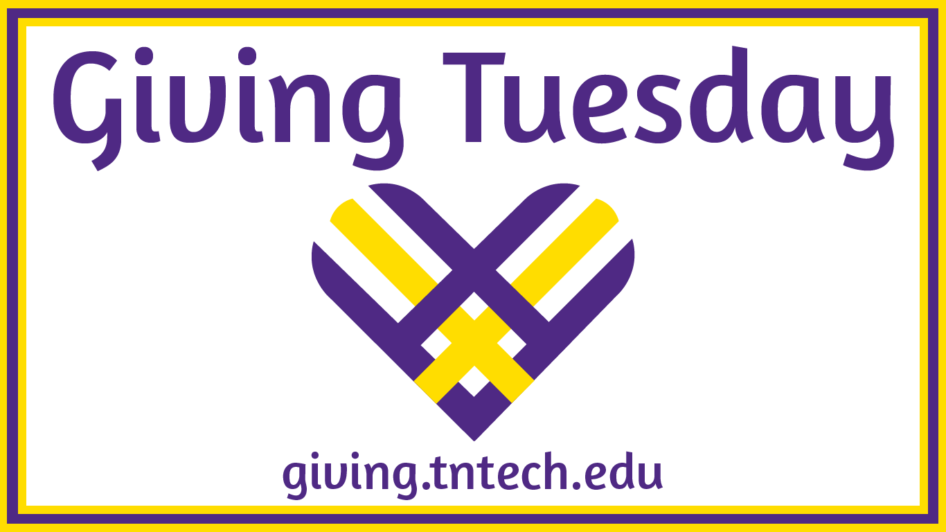 A graphic that reads "Giving Tuesday" with a woven purple and gold heart
