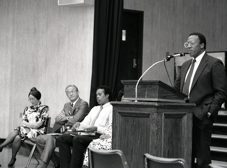 Leo McGee speaks at the opening of the Leona Lusk Officer Black Cultural Center