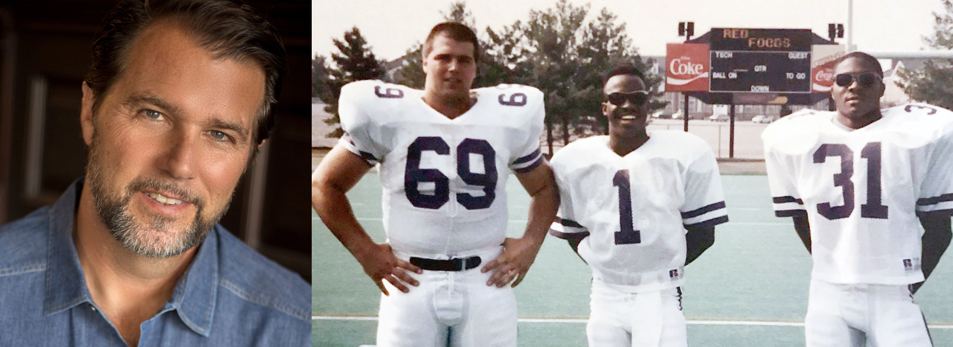 portrait of Clark Richey and a photo of him on Overall Field