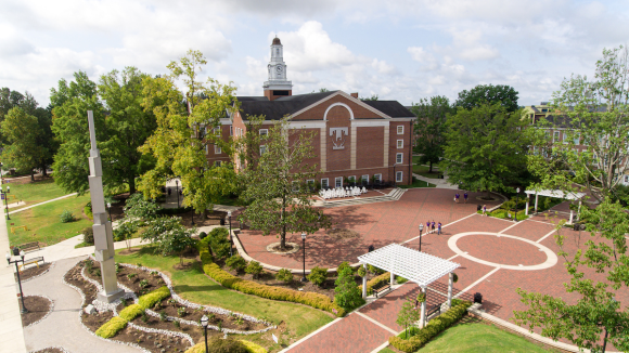 Drone photo of the back of Derryberry Hall and Centennial Plaza.