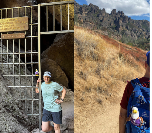 Angie and Eric Hyche with their little stuffed eagle in Pinnacles.