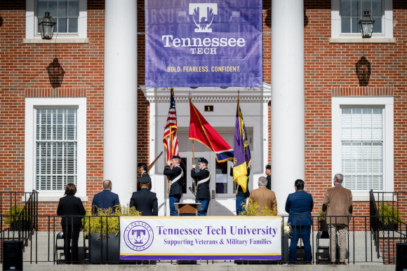 Veterans Day flag ceremony in front of Derryberry Hall