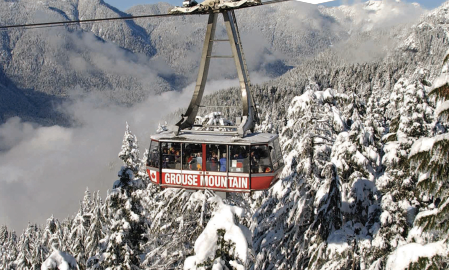 enclosed gondola going up a mountain in snow