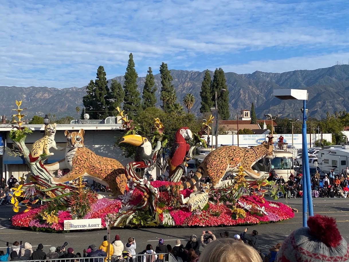 Rose Parade float with leopards